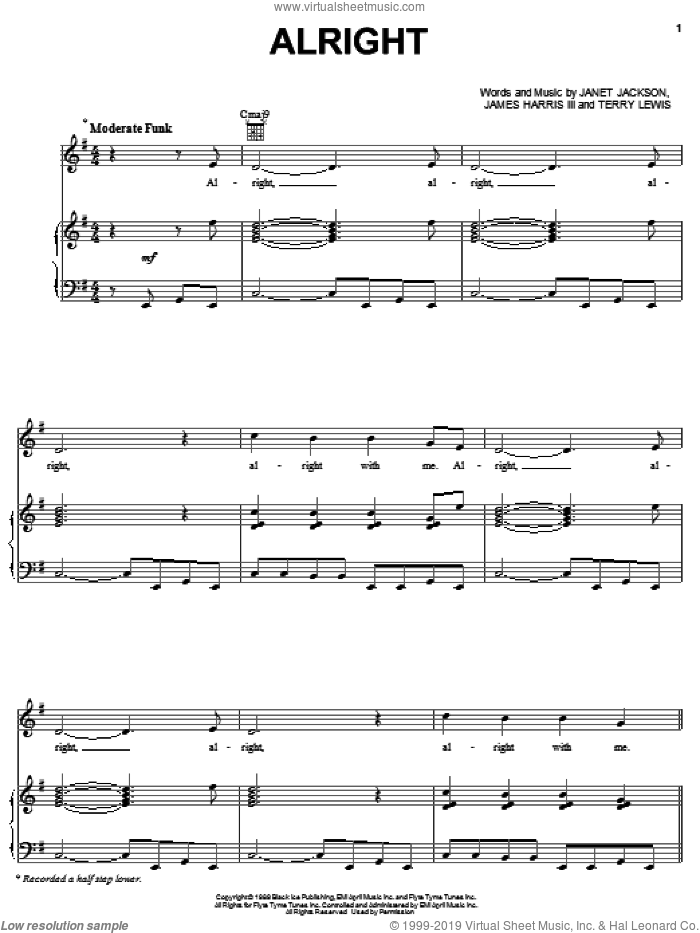 Alright sheet music for voice, piano or guitar by Janet Jackson, James Harris and Terry Lewis, intermediate skill level
