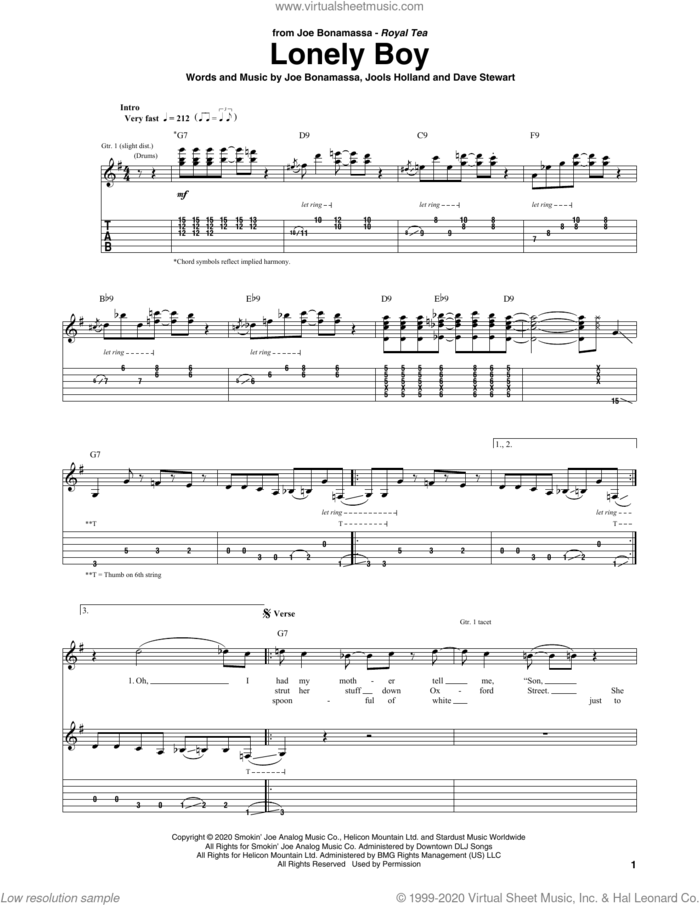 Lonely Boy sheet music for guitar (tablature) by Joe Bonamassa, Dave Stewart and Jools Holland, intermediate skill level
