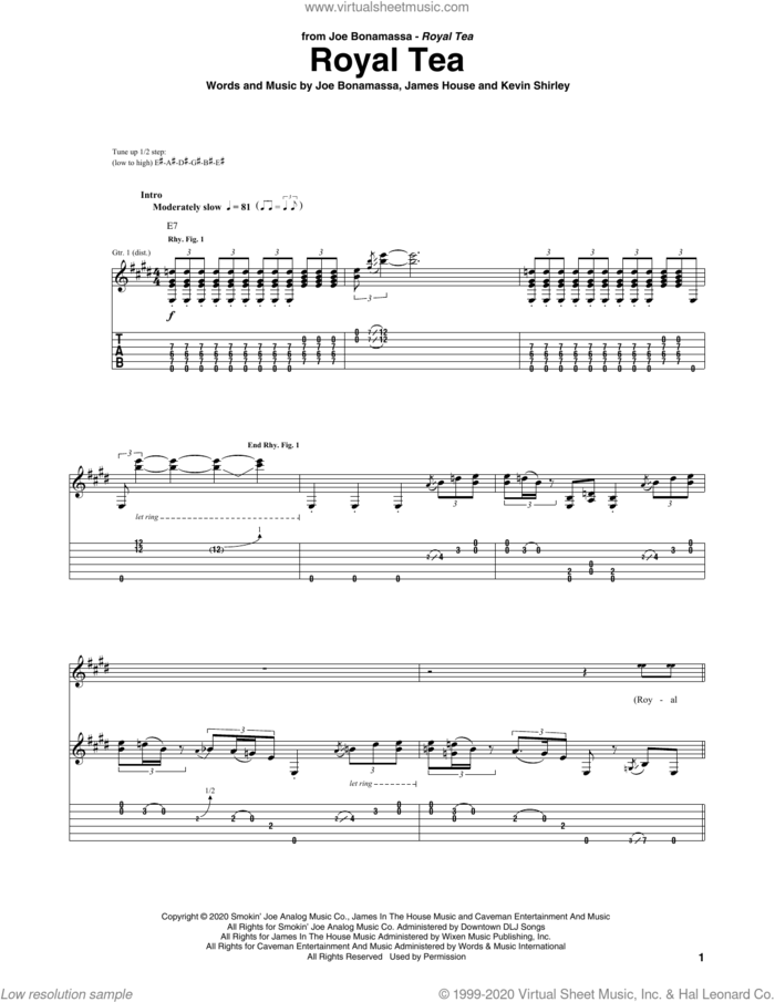Royal Tea sheet music for guitar (tablature) by Joe Bonamassa, James House and Kevin Shirley, intermediate skill level