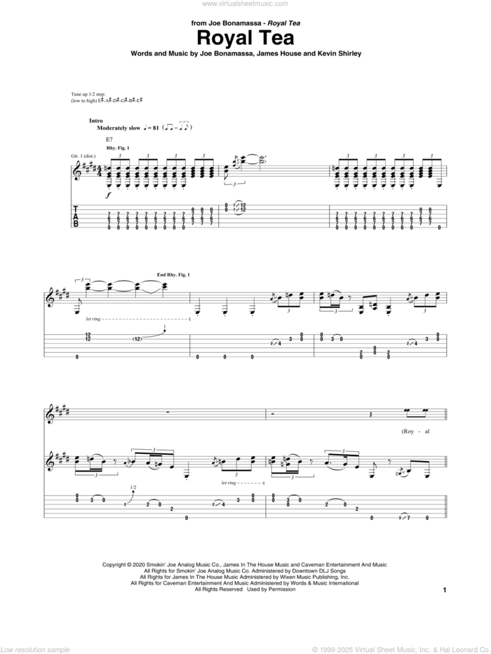 Royal Tea sheet music for guitar (tablature) by Joe Bonamassa, James House and Kevin Shirley, intermediate skill level