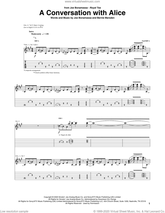 A Conversation With Alice sheet music for guitar (tablature) by Joe Bonamassa and Bernie Marsden, intermediate skill level
