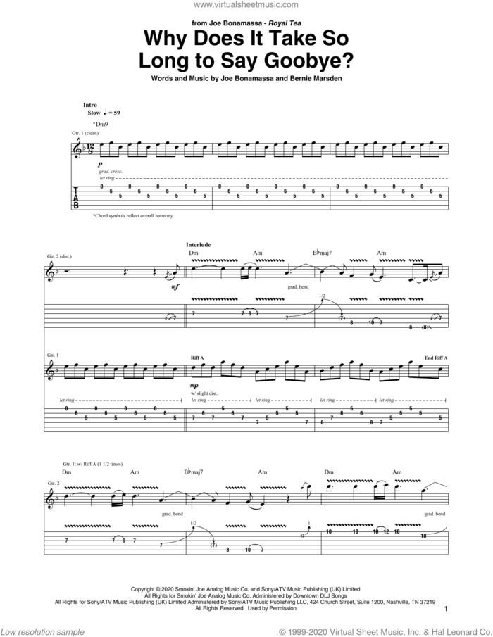 Why Does It Take So Long To Say Goodbye? sheet music for guitar (tablature) by Joe Bonamassa and Bernie Marsden, intermediate skill level