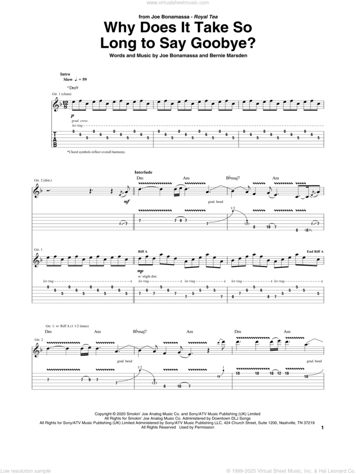 Why Does It Take So Long To Say Goodbye? sheet music for guitar (tablature) by Joe Bonamassa and Bernie Marsden, intermediate skill level