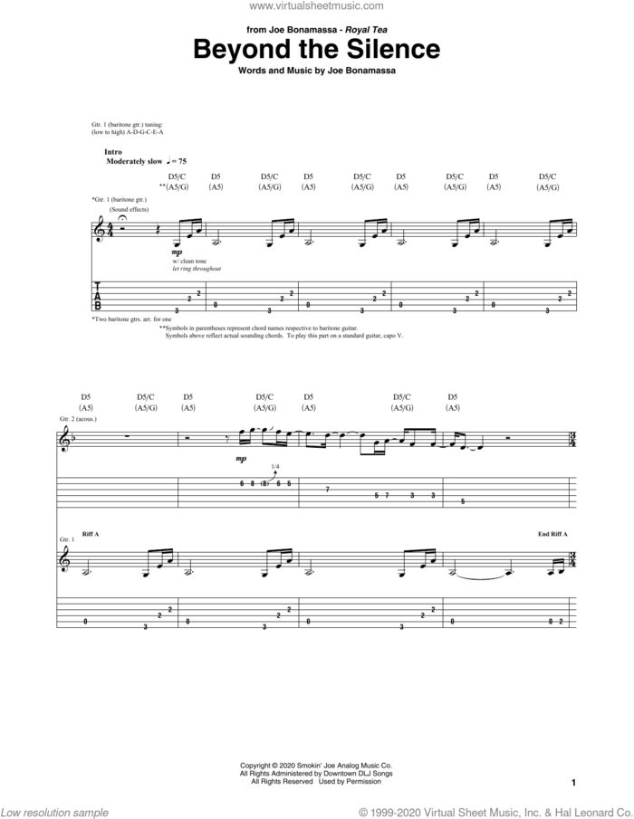 Beyond The Silence sheet music for guitar (tablature) by Joe Bonamassa, intermediate skill level