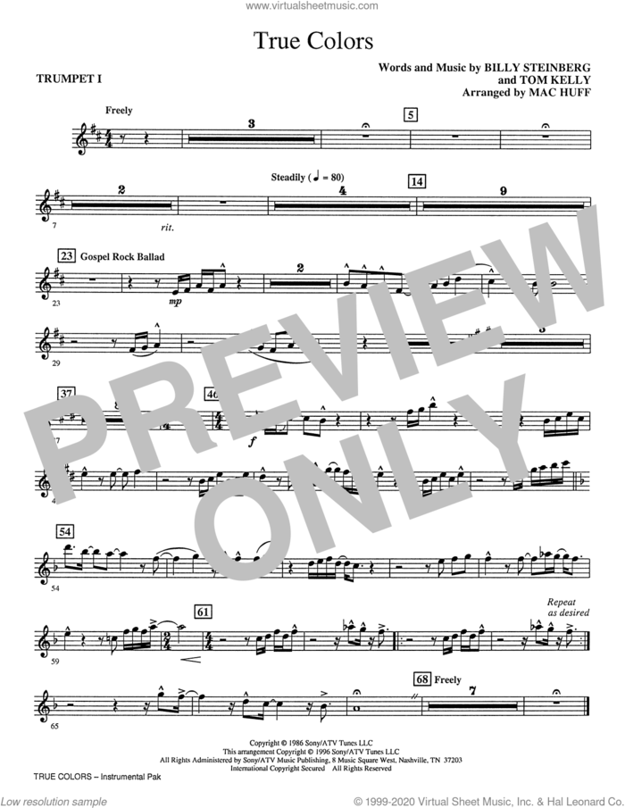 True Colors (arr. Mac Huff) (complete set of parts) sheet music for orchestra/band by Cyndi Lauper, Billy Steinberg, Mac Huff and Tom Kelly, intermediate skill level