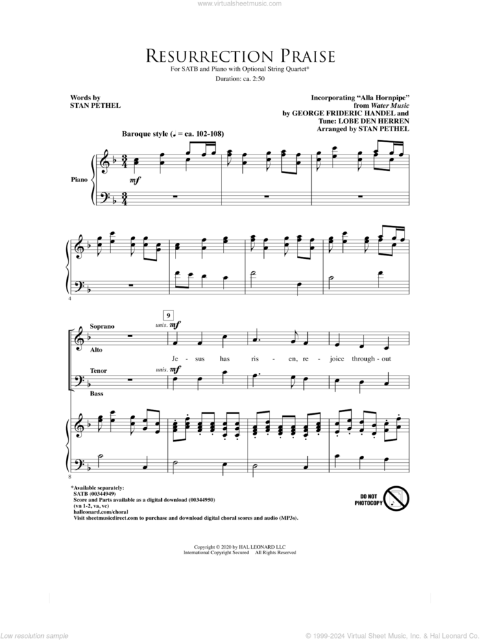 Resurrection Praise sheet music for choir (SATB: soprano, alto, tenor, bass) by George Frideric Handel and Stan Pethel, intermediate skill level