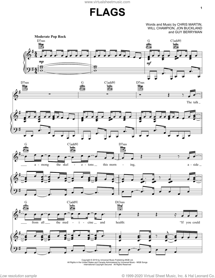 Flags sheet music for voice, piano or guitar by Coldplay, Chris Martin, Guy Berryman, Jon Buckland and Will Champion, intermediate skill level