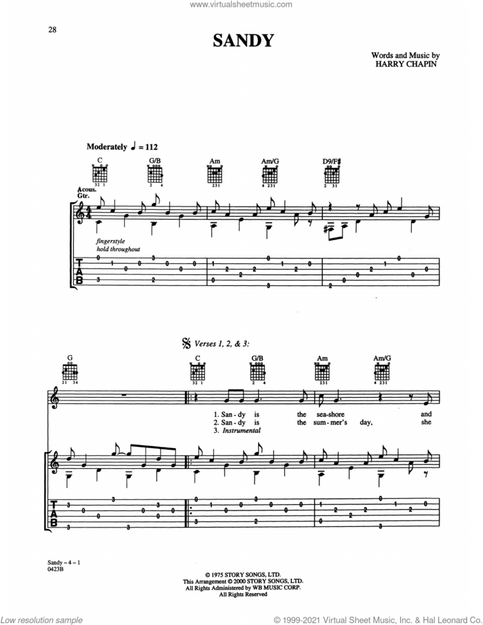Sandy sheet music for guitar (tablature) by Harry Chapin, Louis St. Louis and Scott Simon, intermediate skill level