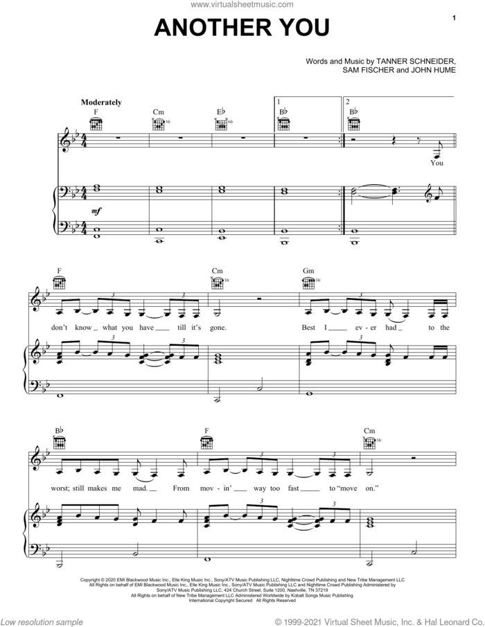 Another You sheet music for voice, piano or guitar by Elle King, Jon Hume, Sam Fischer and Tanner Schneider, intermediate skill level