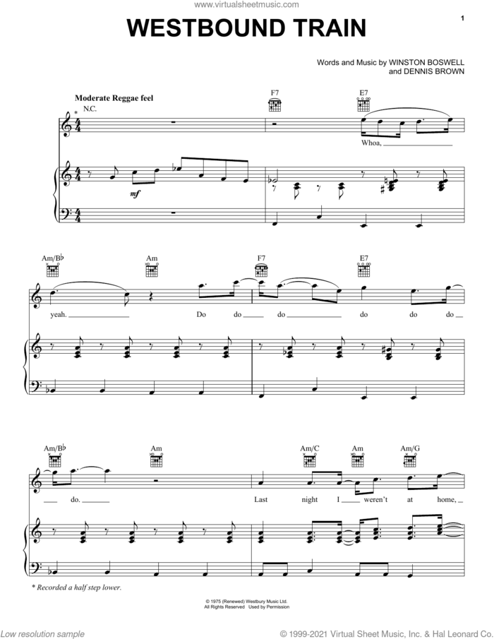 Westbound Train sheet music for voice, piano or guitar by Dennis Brown and Winston Boswell, intermediate skill level