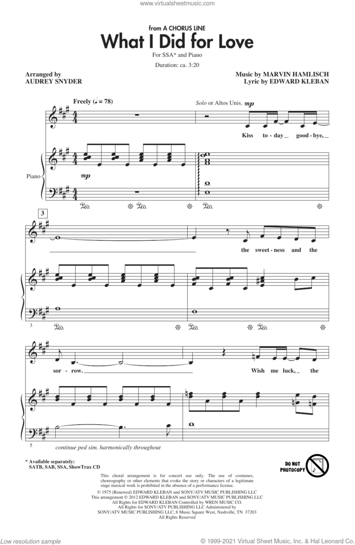 What I Did For Love (from A Chorus Line) (arr. Audrey Snyder) sheet music for choir (SSA: soprano, alto) by Marvin Hamlisch, Audrey Snyder and Edward Kleban, intermediate skill level