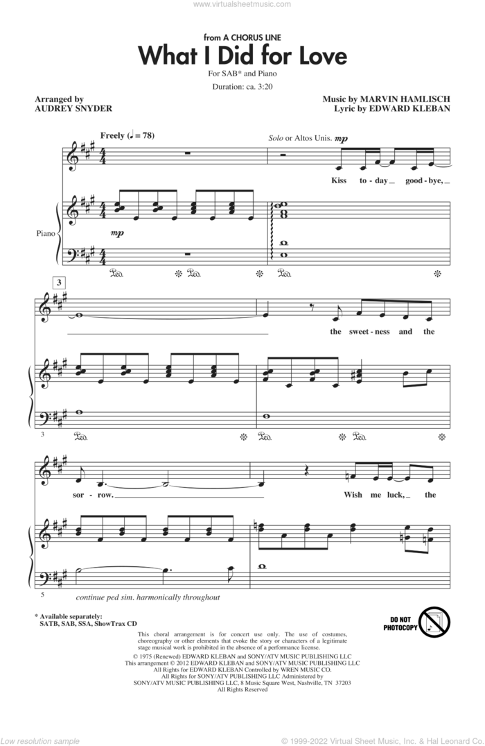 What I Did For Love (from A Chorus Line) (arr. Audrey Snyder) sheet music for choir (SAB: soprano, alto, bass) by Marvin Hamlisch, Audrey Snyder and Edward Kleban, intermediate skill level