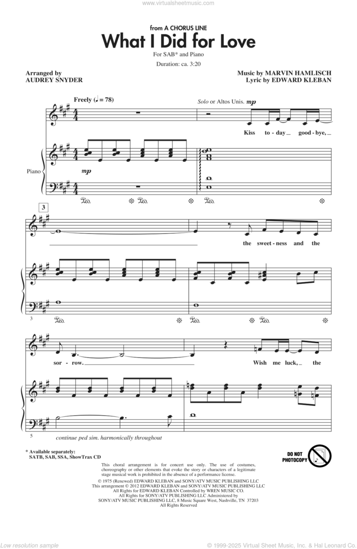 What I Did For Love (from A Chorus Line) (arr. Audrey Snyder) sheet music for choir (SAB: soprano, alto, bass) by Marvin Hamlisch, Audrey Snyder and Edward Kleban, intermediate skill level