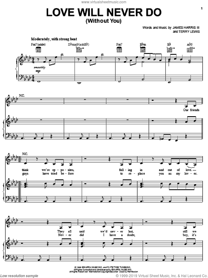 Love Will Never Do (Without You) sheet music for voice, piano or guitar by Janet Jackson, James Harris and Terry Lewis, intermediate skill level