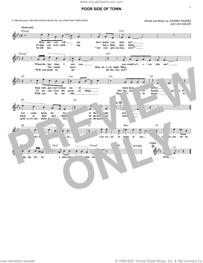 Poor Side Of Town sheet music for voice and other instruments (fake book) by Johnny Rivers and Lou Adler, intermediate skill level