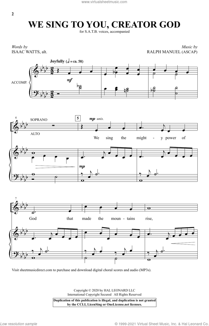 We Sing To You, Creator God sheet music for choir (SATB: soprano, alto, tenor, bass) by Ralph Manuel and Isaac Watts, intermediate skill level