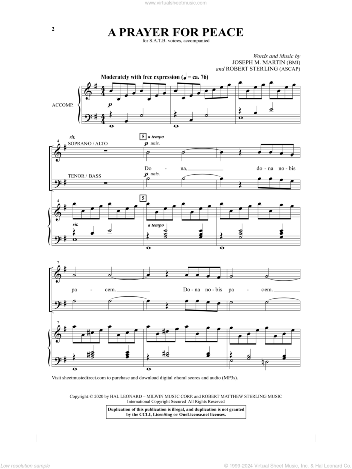 A Prayer For Peace sheet music for choir (SATB: soprano, alto, tenor, bass) by Joseph M. Martin, Joseph M. Martin & Robert Sterling and Robert Sterling, intermediate skill level