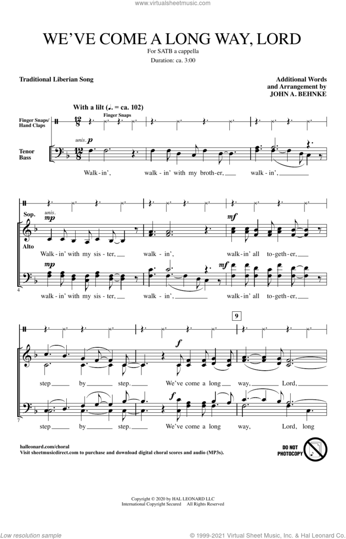 We've Come A Long Way, Lord (arr. John A. Behnke) sheet music for choir (SATB: soprano, alto, tenor, bass) by John A. Behnke and Traditional Liberian Song, intermediate skill level