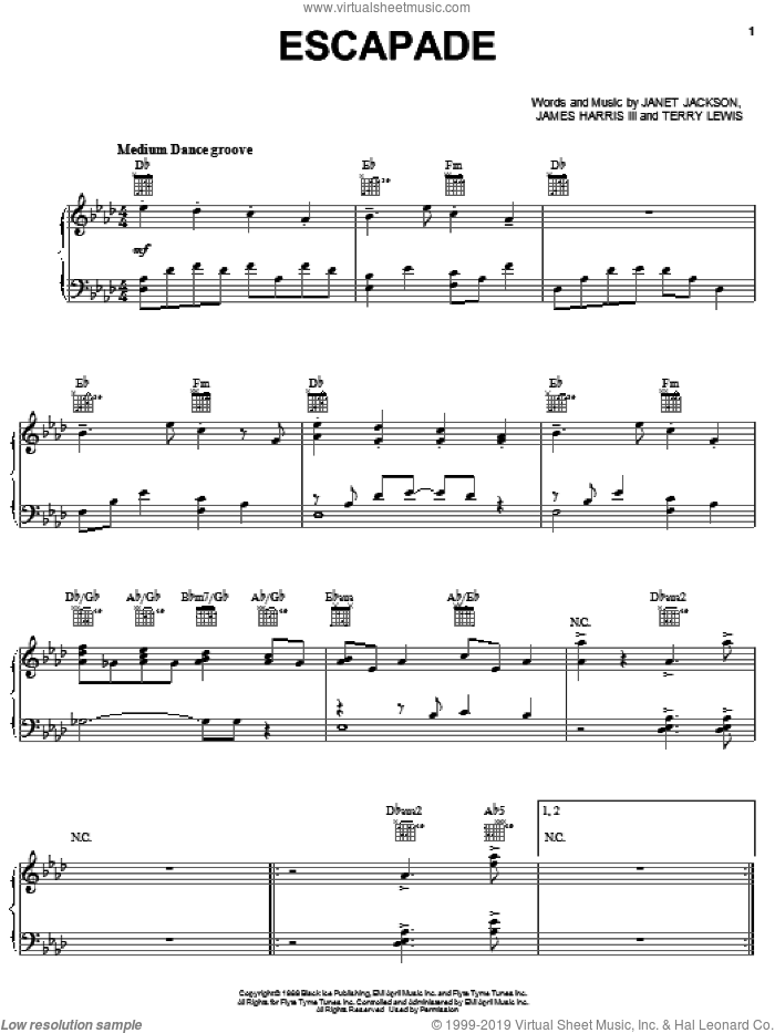 Escapade sheet music for voice, piano or guitar by Janet Jackson, James Harris and Terry Lewis, intermediate skill level