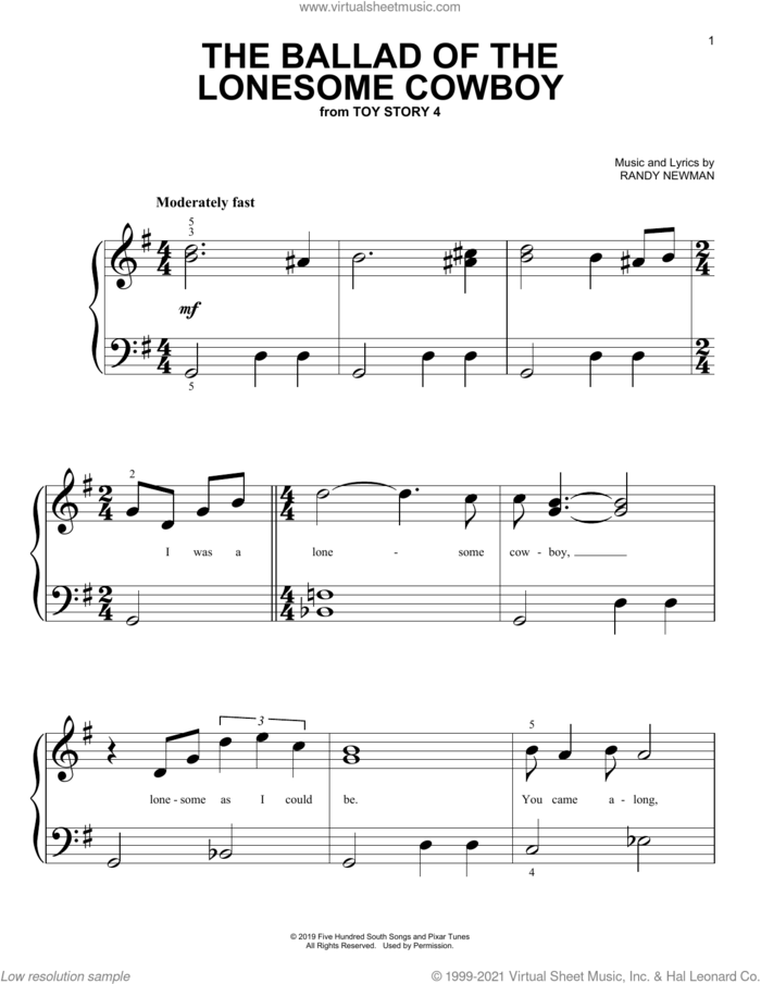 The Ballad Of The Lonesome Cowboy (from Toy Story 4) sheet music for piano solo (big note book) by Chris Stapleton and Randy Newman, easy piano (big note book)