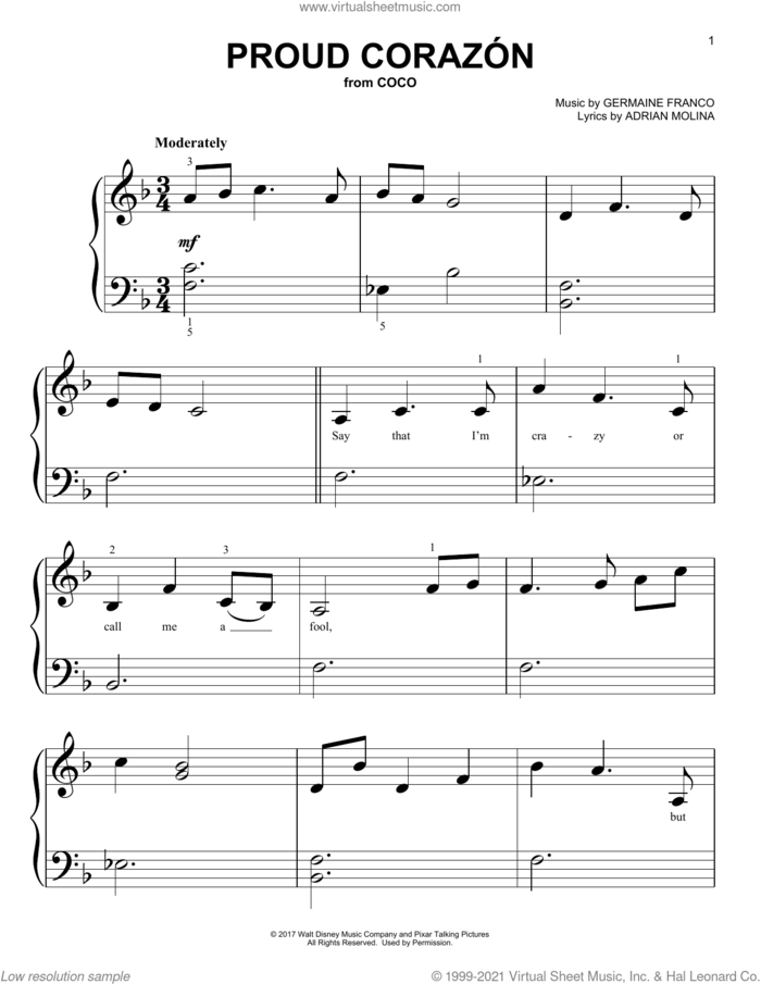 Proud Corazon (from Coco) sheet music for piano solo (big note book) by Germaine Franco, Adrian Molina and Germaine Franco & Adrian Molina, easy piano (big note book)
