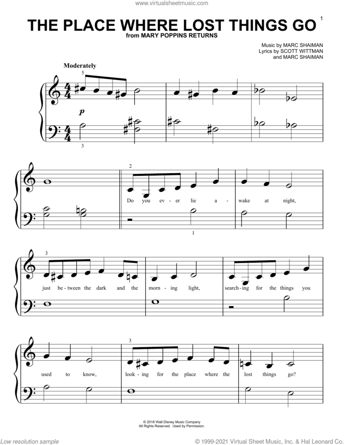 The Place Where Lost Things Go (from Mary Poppins Returns) sheet music for piano solo (big note book) by Emily Blunt, Marc Shaiman and Scott Wittman, easy piano (big note book)