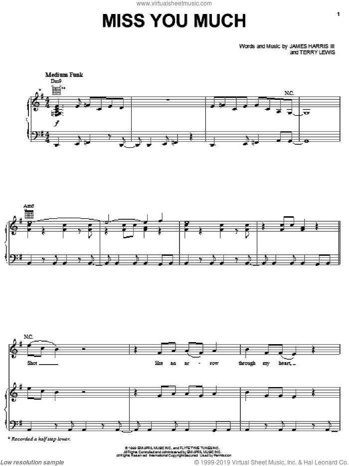 Miss You Much sheet music for voice, piano or guitar by Janet Jackson, James Harris and Terry Lewis, intermediate skill level