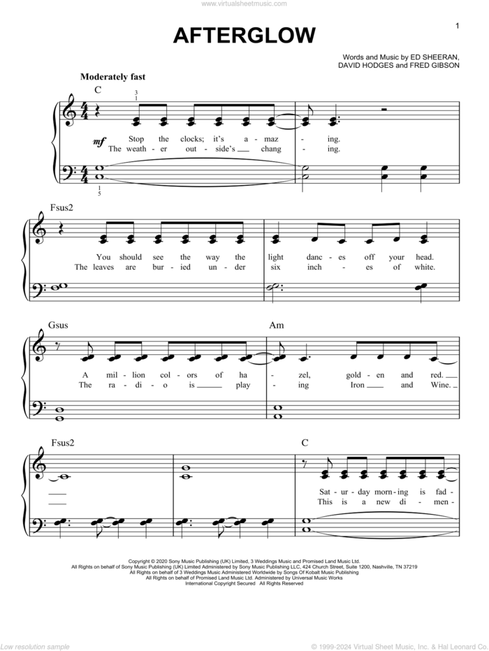Afterglow sheet music for piano solo by Ed Sheeran, David Hodges and Fred Gibson, easy skill level