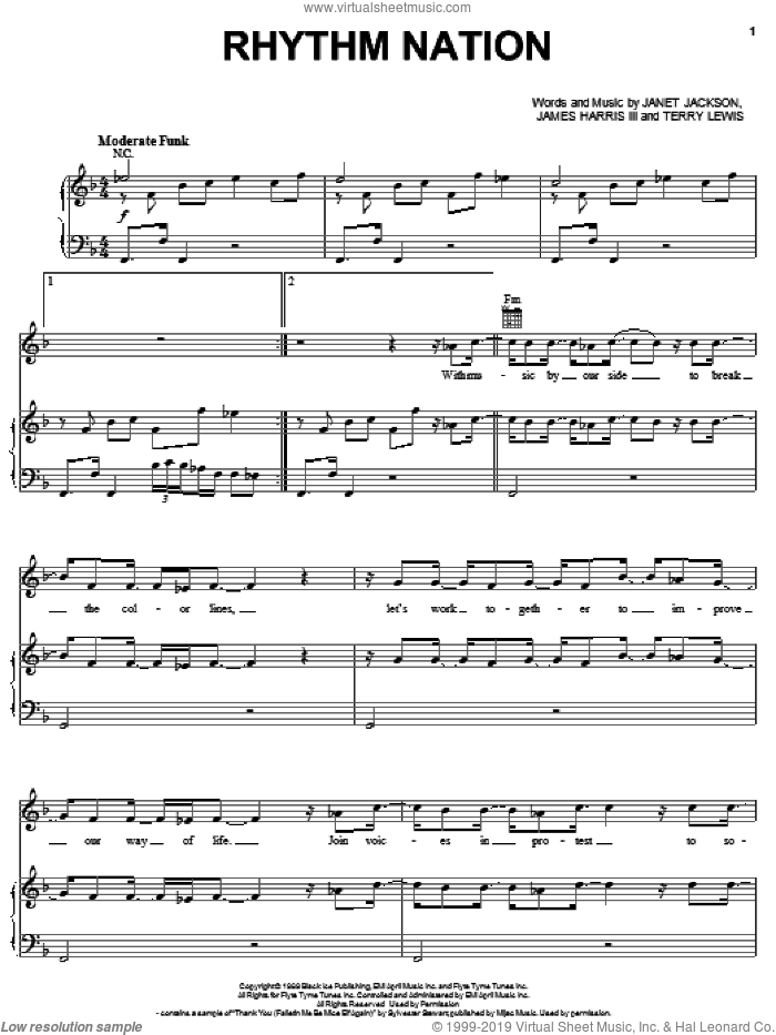 Rhythm Nation sheet music for voice, piano or guitar by Janet Jackson, James Harris and Terry Lewis, intermediate skill level