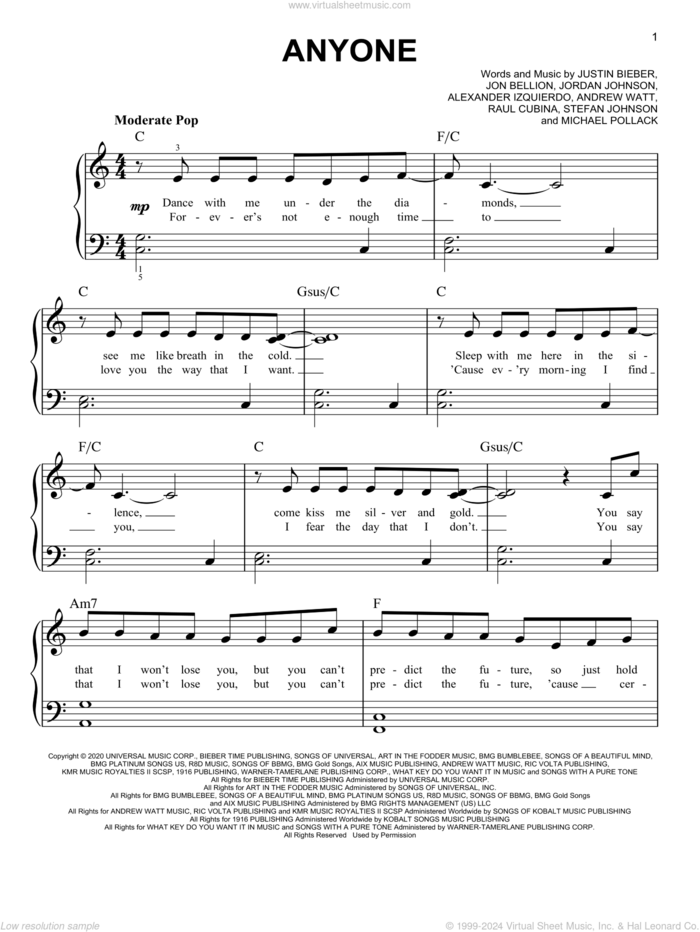 Anyone, (easy) sheet music for piano solo by Justin Bieber, Alexander Izquierdo, Andrew Watt, Jon Bellion, Jordan Johnson, Michael Pollack, Raul Cubina and Stefan Johnson, easy skill level