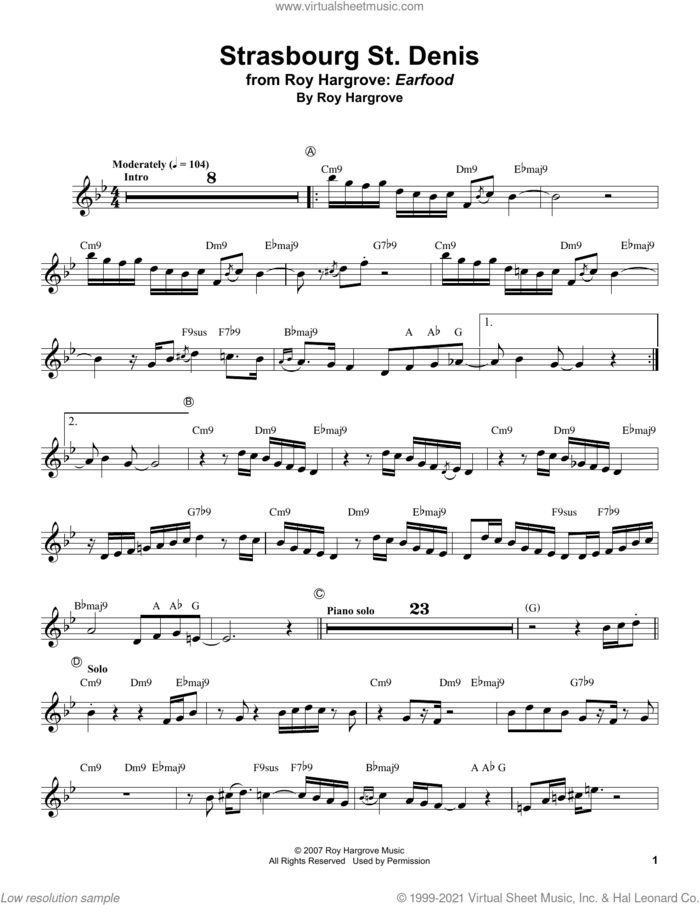 Strasbourg / St. Denis sheet music for trumpet solo (transcription) by Roy Hargrove, intermediate trumpet (transcription)