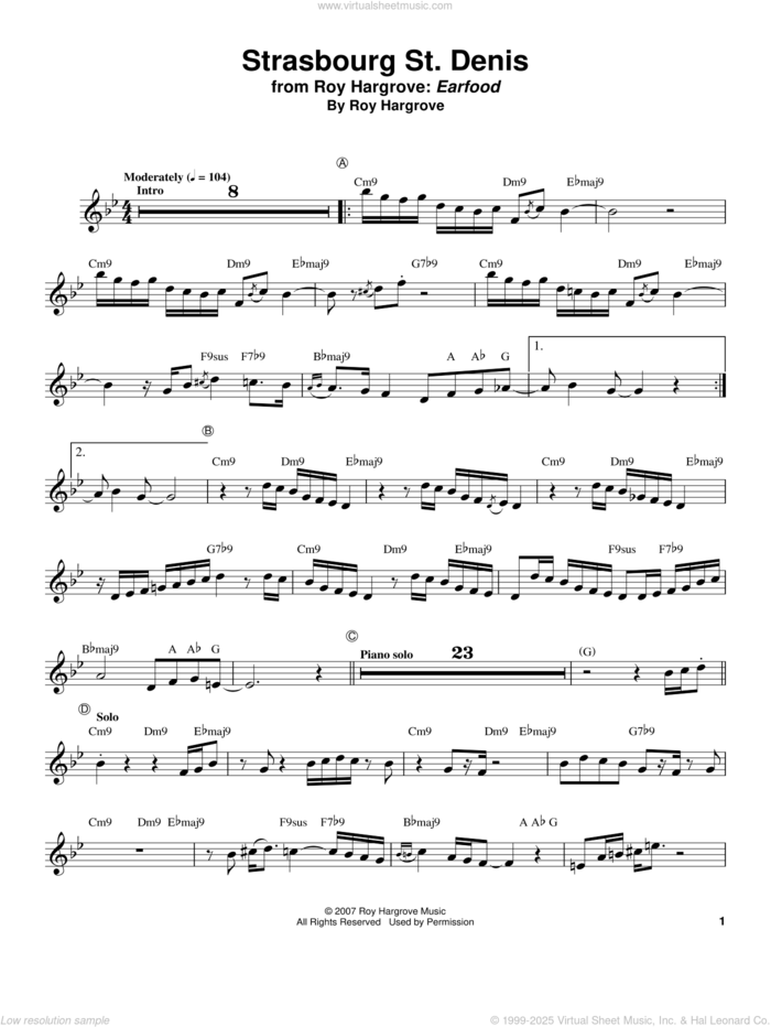 Strasbourg / St. Denis sheet music for trumpet solo (transcription) by Roy Hargrove, intermediate trumpet (transcription)