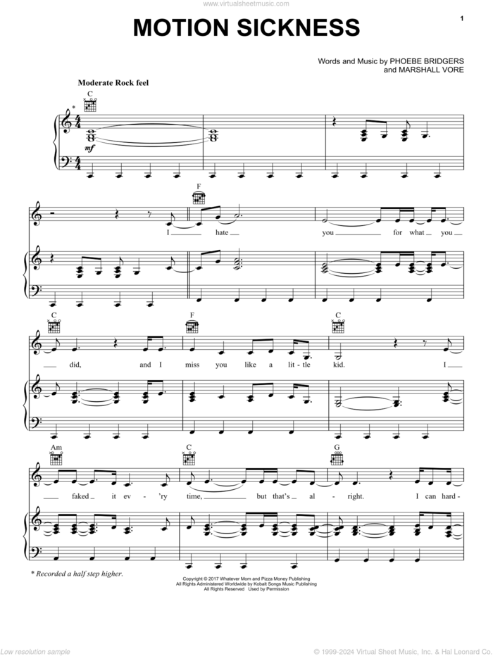Motion Sickness sheet music for voice, piano or guitar by Phoebe Bridgers and Marshall Vore, intermediate skill level