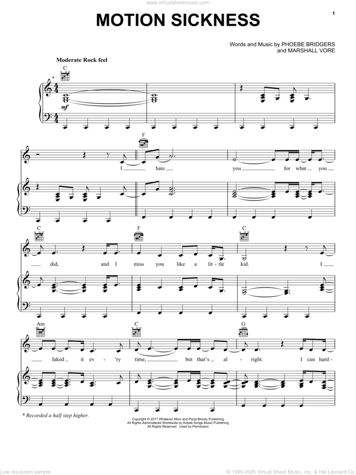 Motion Sickness sheet music for voice, piano or guitar by Phoebe Bridgers and Marshall Vore, intermediate skill level