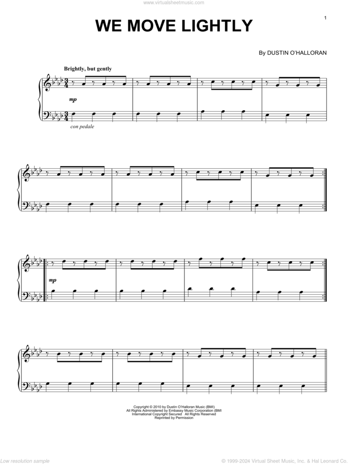 We Move Lightly (from Like Crazy) sheet music for piano solo by Dustin O'Halloran, classical score, intermediate skill level