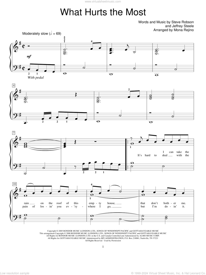 What Hurts The Most sheet music for piano solo (elementary) by Rascal Flatts, Miscellaneous, Mona Rejino, Jeffrey Steele and Steve Robson, beginner piano (elementary)