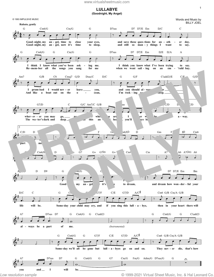 Lullabye (Goodnight, My Angel) sheet music for voice and other instruments (fake book) by Billy Joel, intermediate skill level