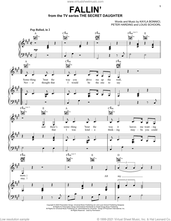 Fallin' (from the TV series The Secret Daughter) sheet music for voice, piano or guitar by Jessica Mauboy, Kayla Bonnici, Louis Schoorl and Peter Harding, intermediate skill level