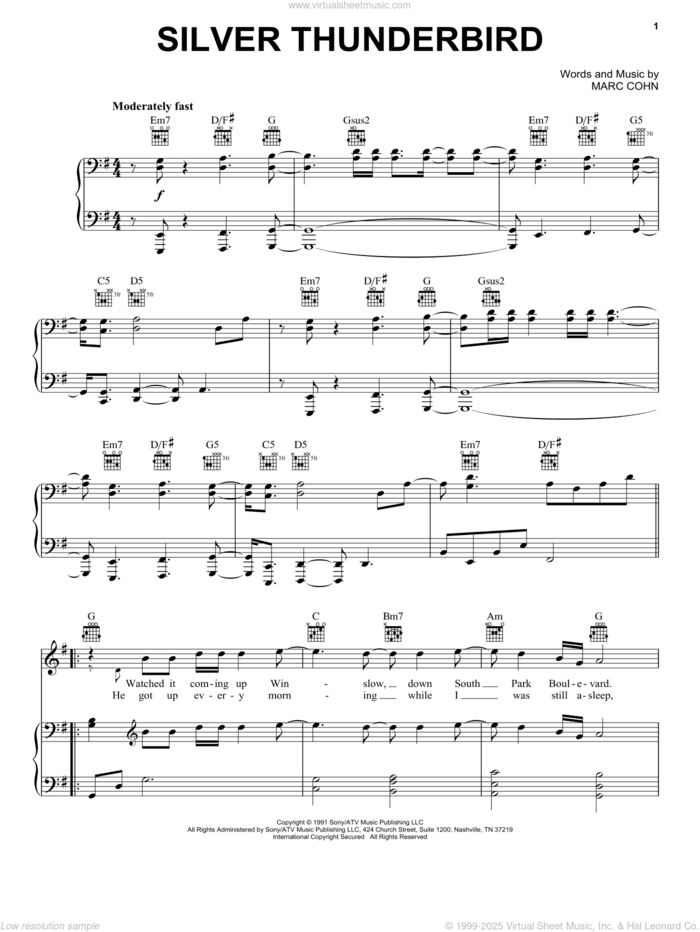 Silver Thunderbird sheet music for voice, piano or guitar by Marc Cohn, intermediate skill level