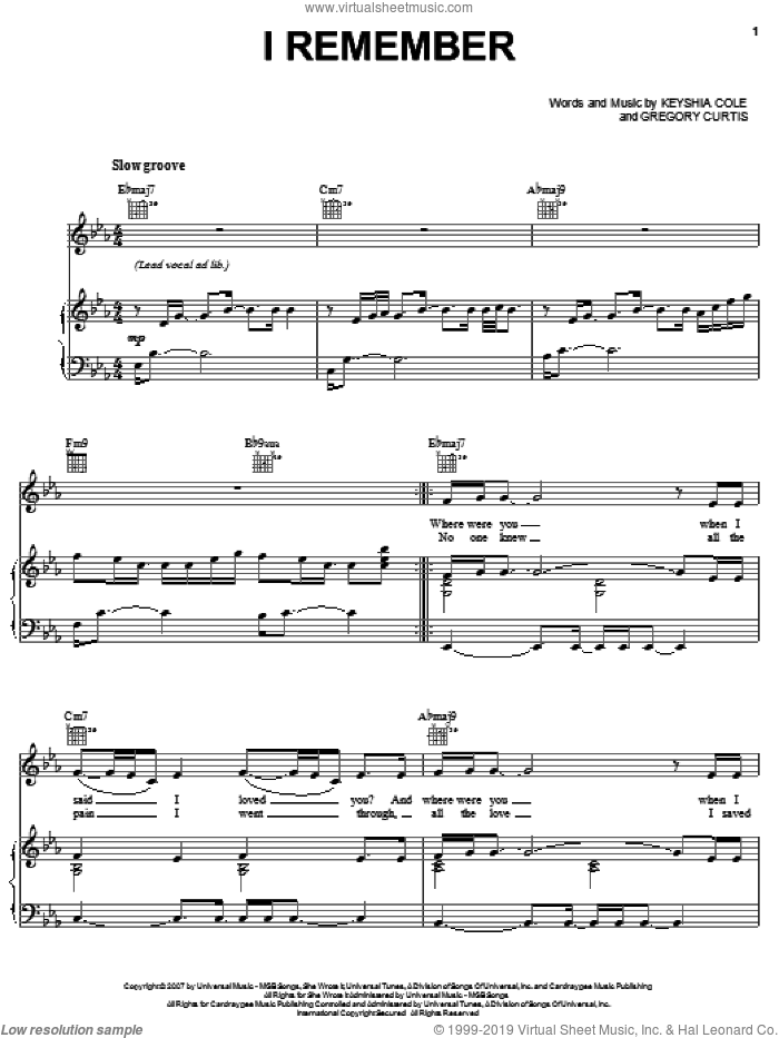 I Remember sheet music for voice, piano or guitar by Keyshia Cole and Gregory Curtis, intermediate skill level