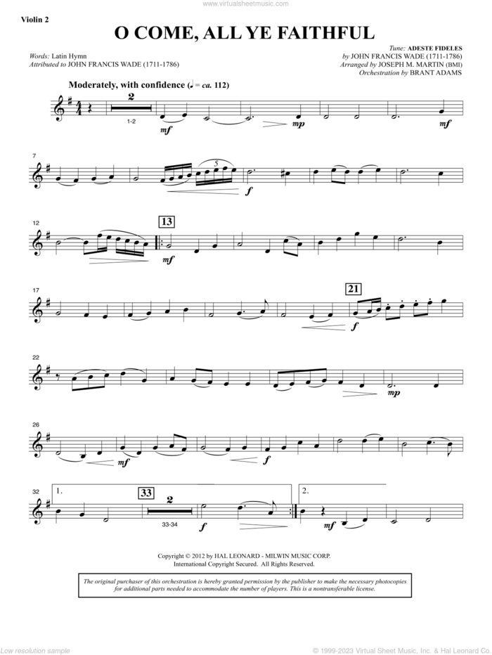 Carols for Choir and Congregation sheet music for orchestra/band (violin 2) by Joseph M. Martin, intermediate skill level