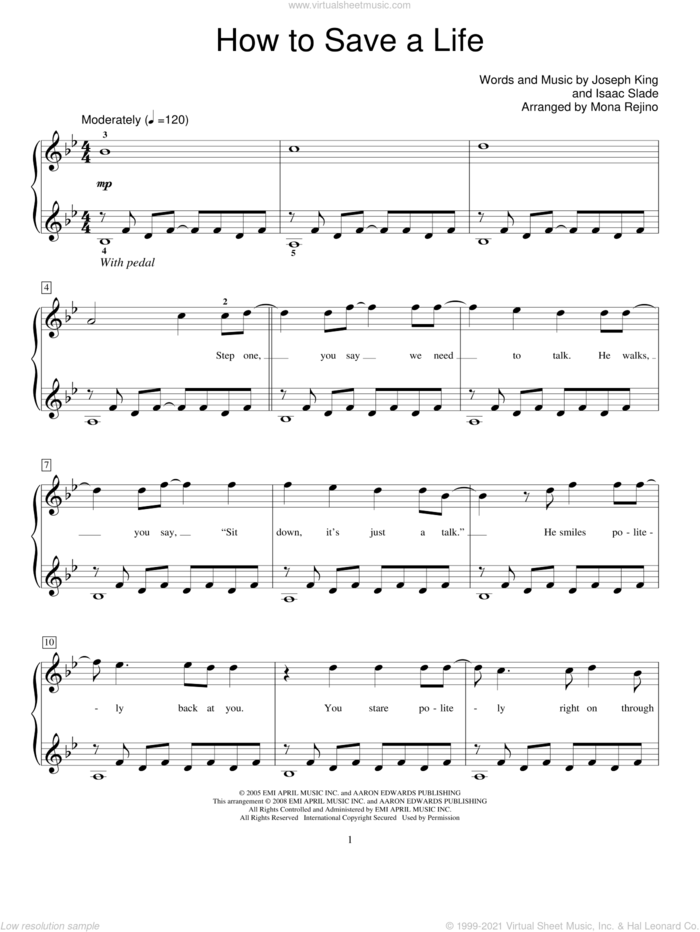 How To Save A Life sheet music for piano solo (elementary) by The Fray, Miscellaneous, Mona Rejino, Isaac Slade and Joseph King, beginner piano (elementary)