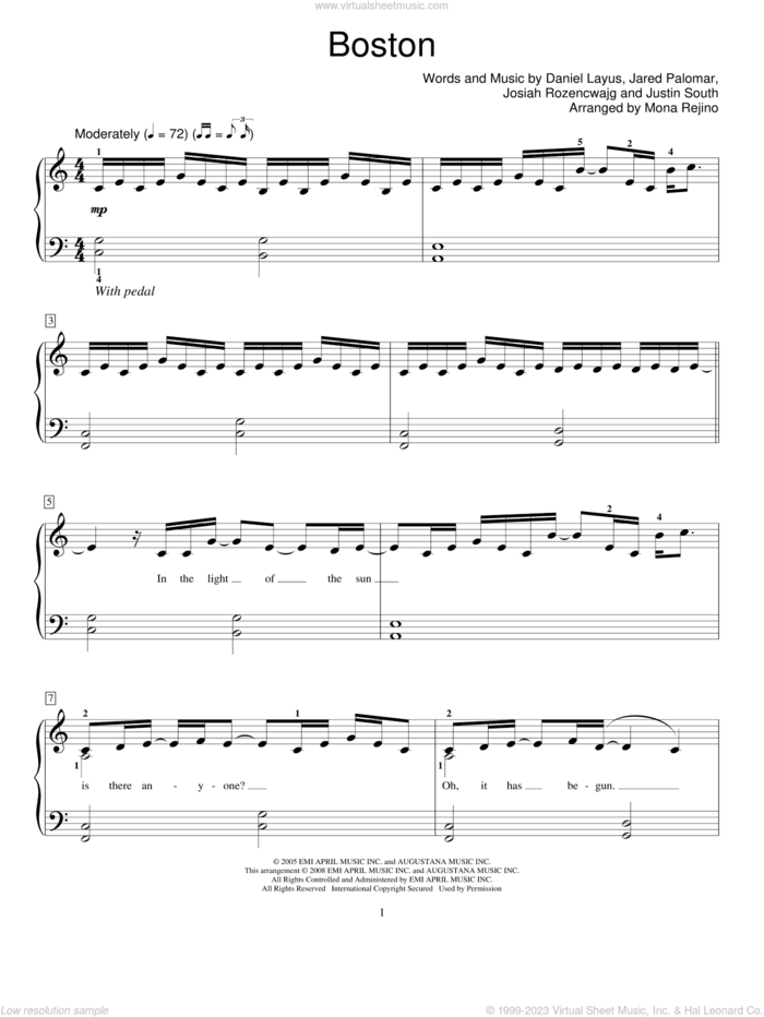 Boston sheet music for piano solo (elementary) by Augustana, Miscellaneous, Mona Rejino, Daniel Layus, Jared Palomar, Josiah Rozencwajg and Justin South, beginner piano (elementary)