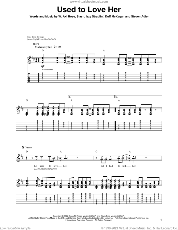 Used To Love Her sheet music for guitar (tablature, play-along) by Guns N' Roses, Axl Rose, Duff McKagan, Slash and Steven Adler, intermediate skill level