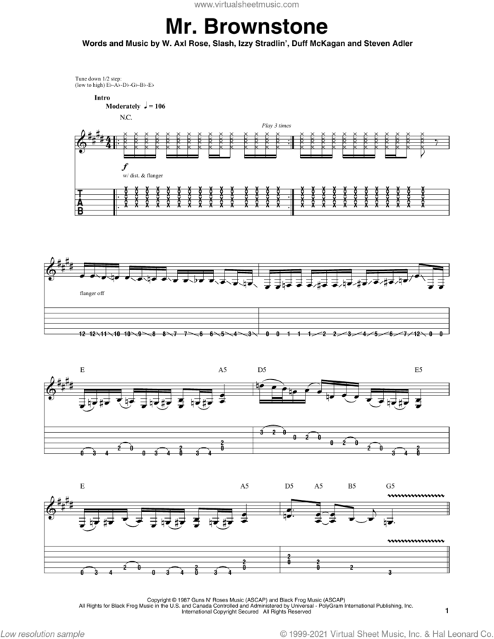 Mr. Brownstone sheet music for guitar (tablature, play-along) by Guns N' Roses, Axl Rose, Duff McKagan, Slash and Steven Adler, intermediate skill level
