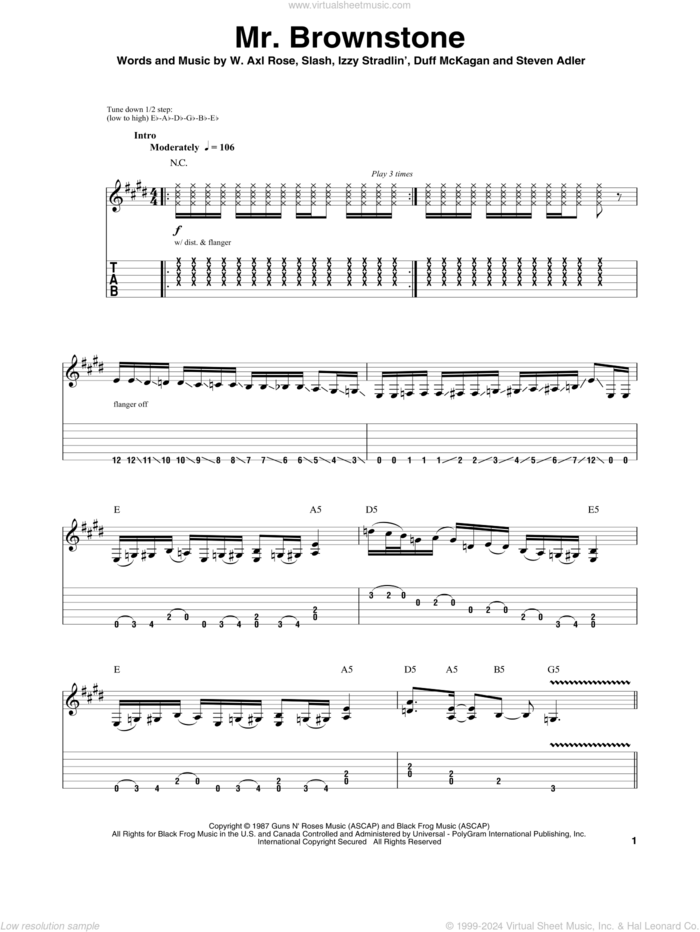 Mr. Brownstone sheet music for guitar (tablature, play-along) by Guns N' Roses, Axl Rose, Duff McKagan, Slash and Steven Adler, intermediate skill level