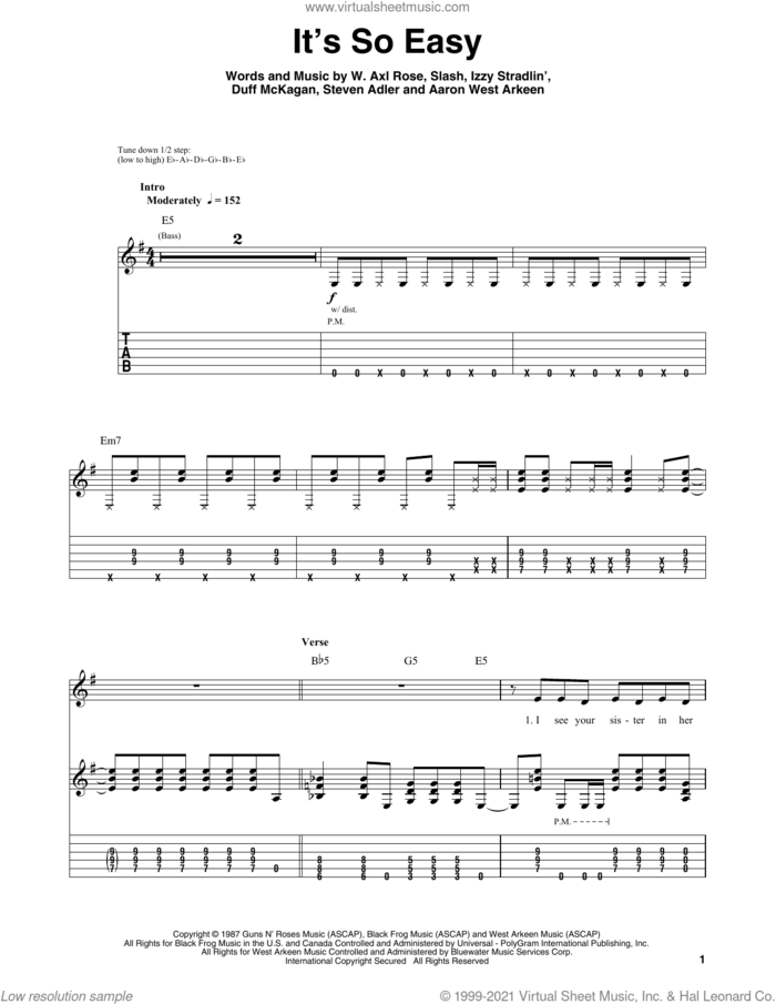 It's So Easy sheet music for guitar (tablature, play-along) by Guns N' Roses, Aaron West Arkeen, Axl Rose, Duff McKagan, Slash and Steven Adler, intermediate skill level