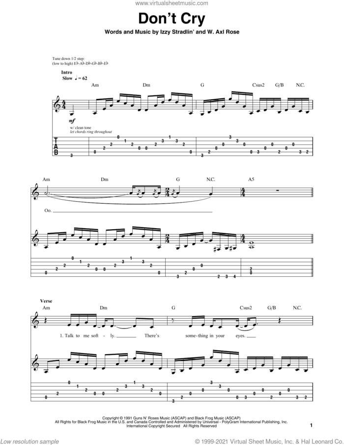Don't Cry sheet music for guitar (tablature, play-along) by Guns N' Roses and Axl Rose, intermediate skill level