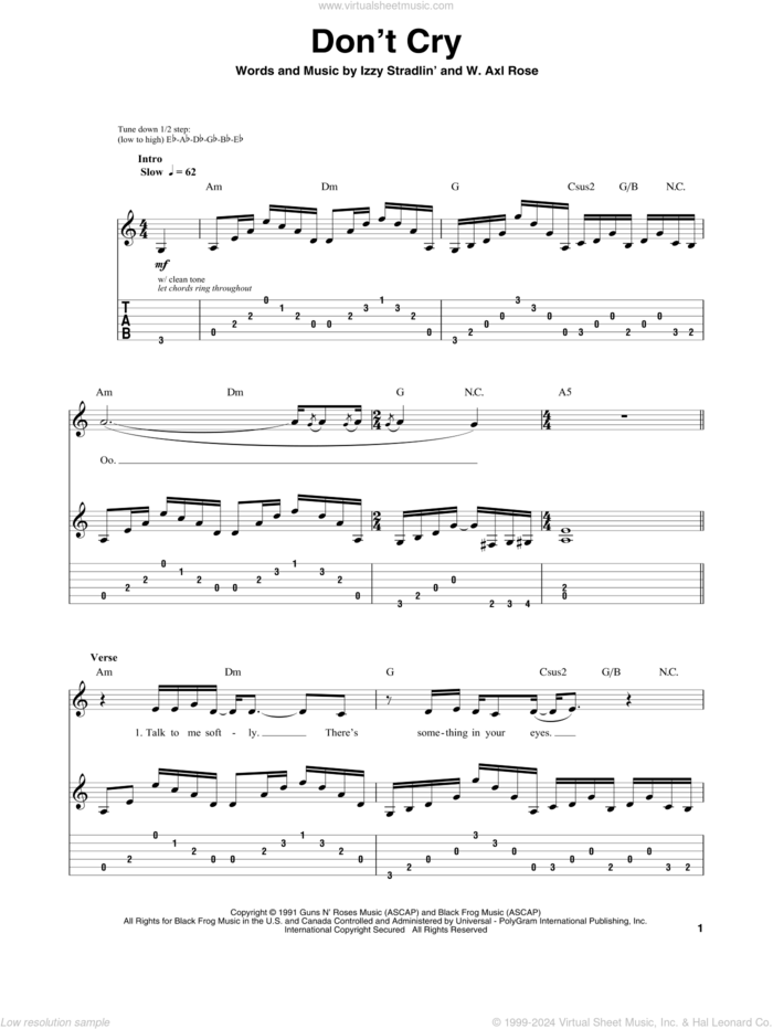 Don't Cry sheet music for guitar (tablature, play-along) by Guns N' Roses and Axl Rose, intermediate skill level