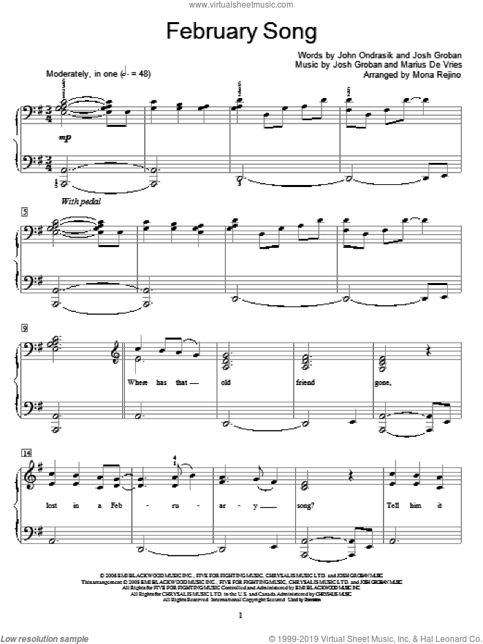 February Song sheet music for piano solo (elementary) by Josh Groban, Miscellaneous, Mona Rejino, John Ondrasik and Marius De Vries, beginner piano (elementary)